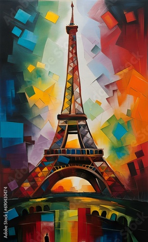 painting of the eiffel tower in paris with colorful squares.