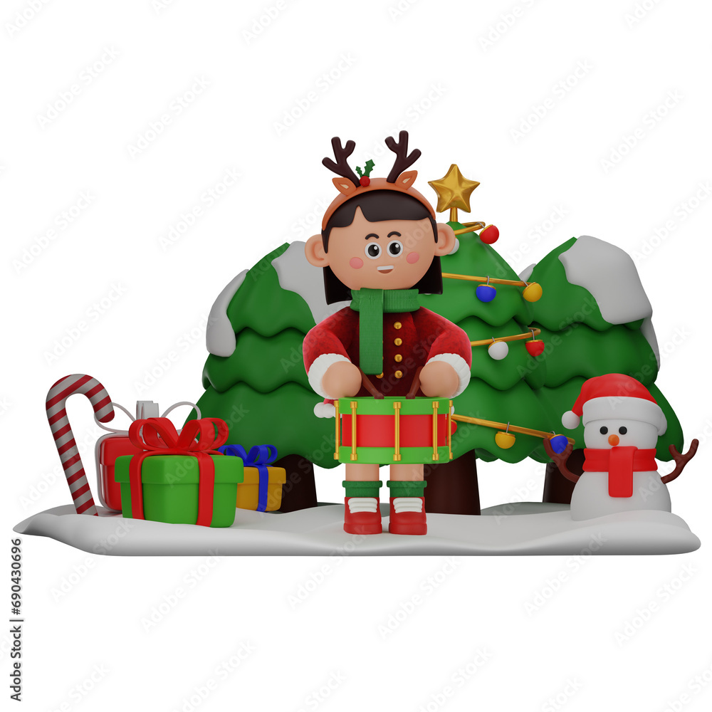 Naklejka premium 3d girl cartoon christmas Playing Drum pose isolated on transparent background