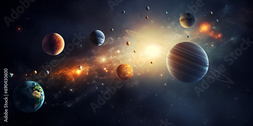 earth and moon  Panoramic view of space with planets Solar system  Celestial 3D Cosmic Phenomena   Space Planets Are Out In The Space Background  Satellite orbiting dark sphere in glowing nebula    