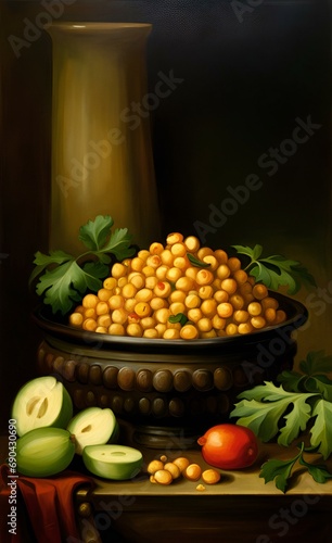 painting of a bowl of fruit and a vase of leaves.