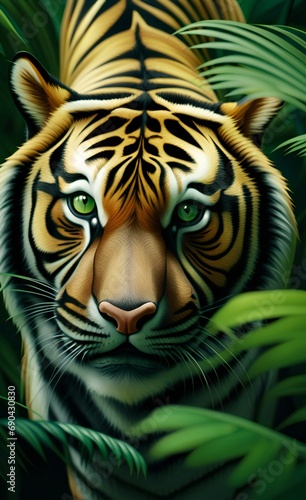 painting of a tiger in the jungle with green eyes.