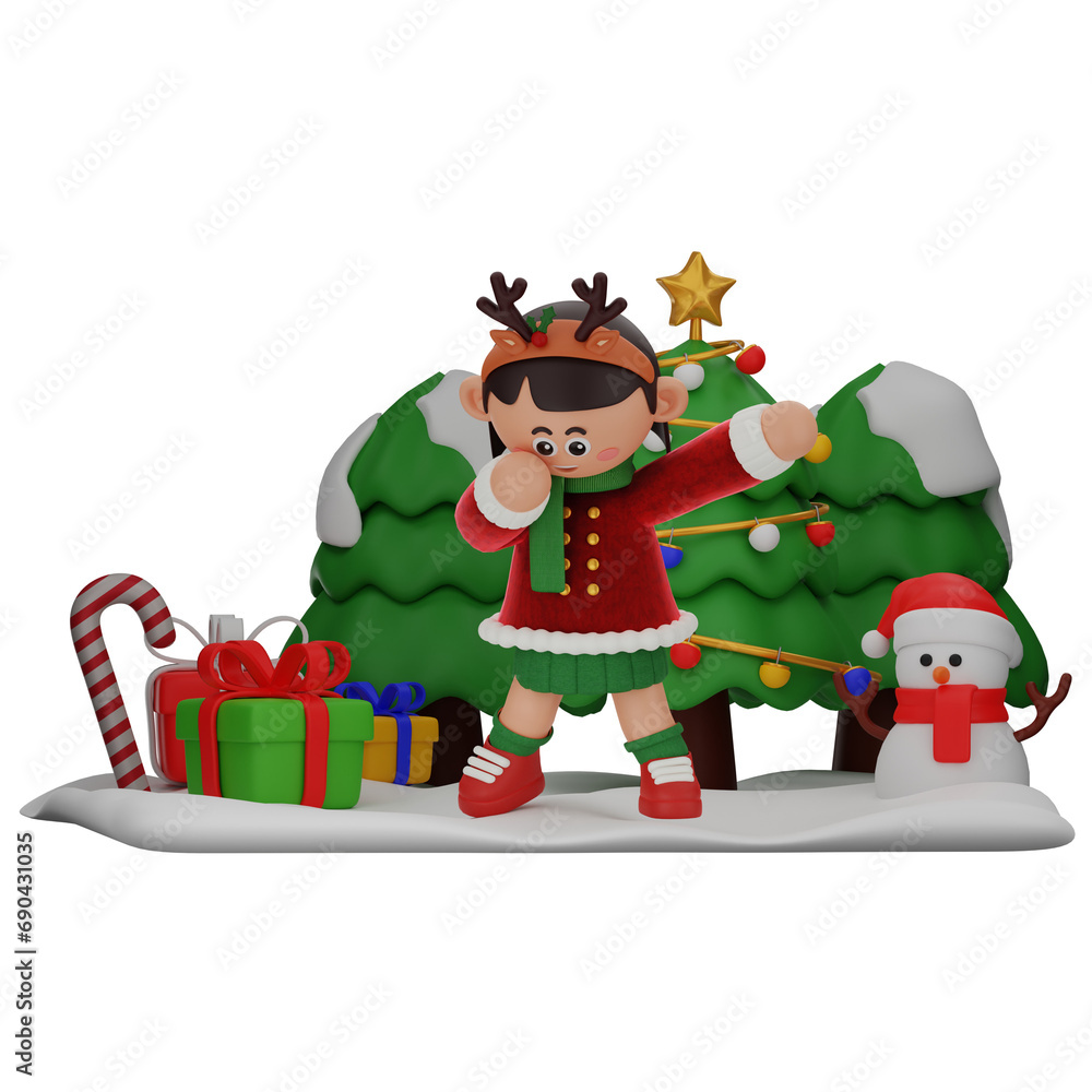 Naklejka premium 3d girl cartoon christmas Showing a Dab pose isolated on transparent background