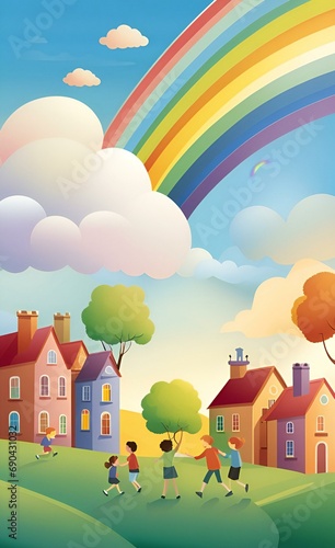 there are many children playing in the yard under a rainbow. photo