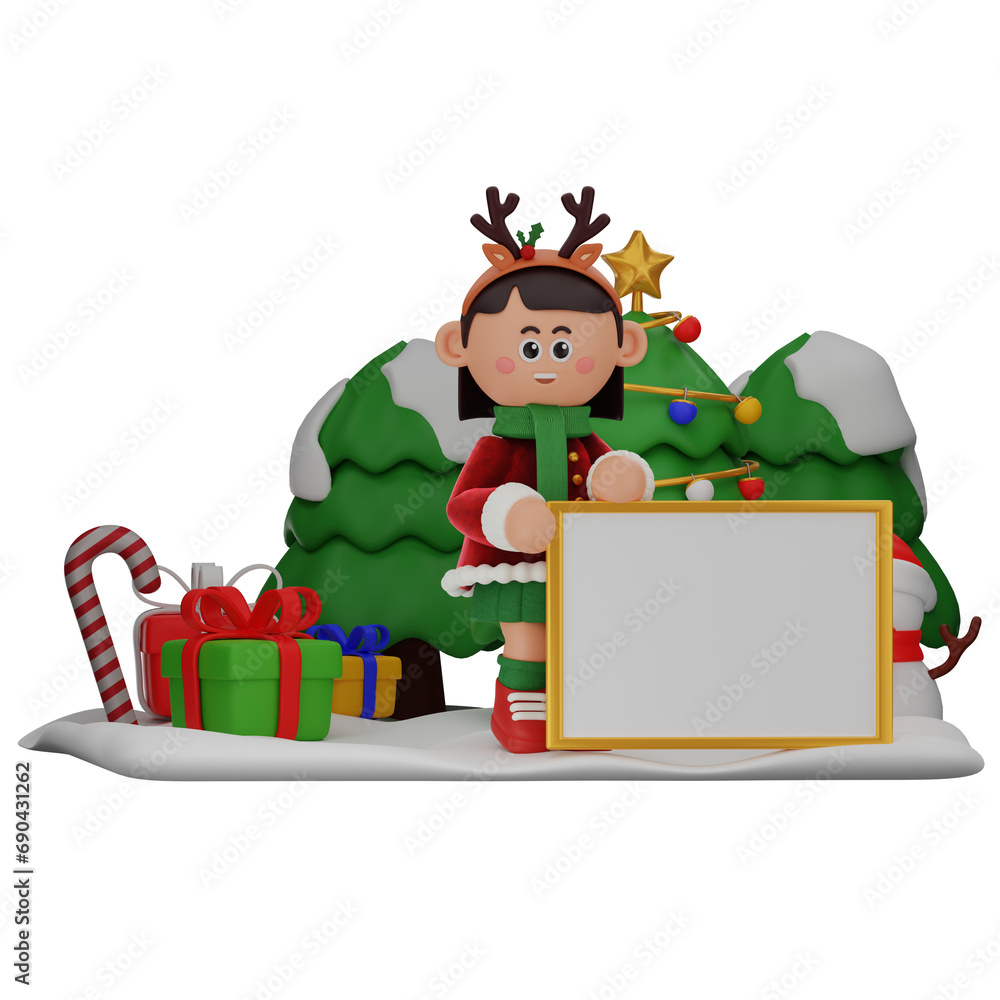 Naklejka premium 3d girl cartoon christmas With a Whiteboard pose isolated on transparent background