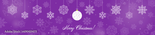 Purple Merry Christmas banner design with snowflake vector illustration. Winter holidays concept card design to use for merry christmas cards, winter banner advertising, holiday greetings.
