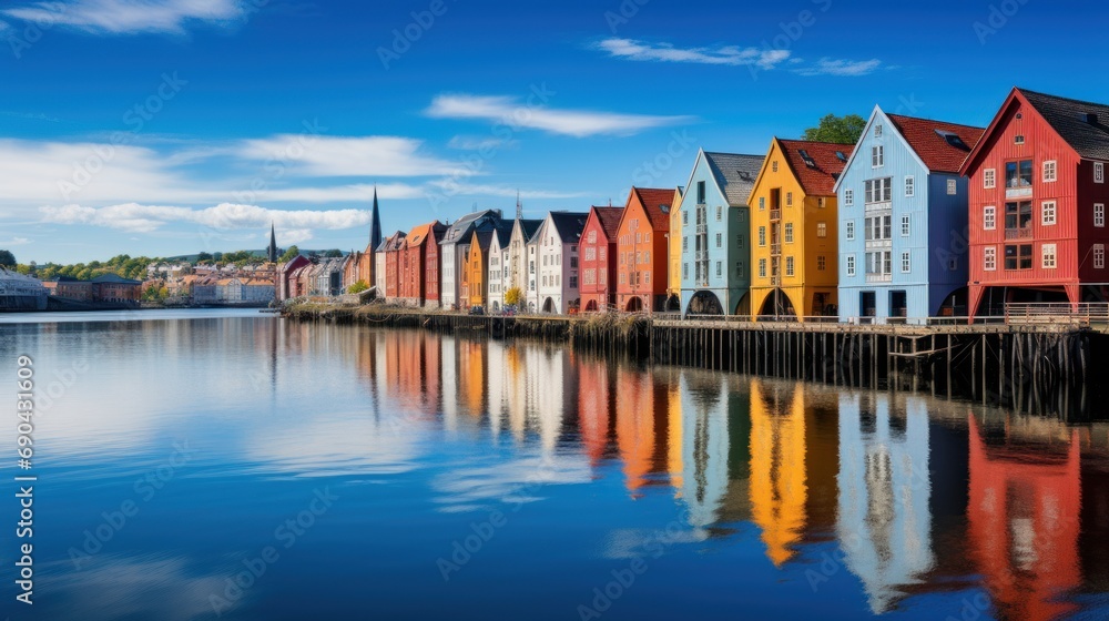 Fototapeta premium Colorful houses over water in Trondheim city - Norway