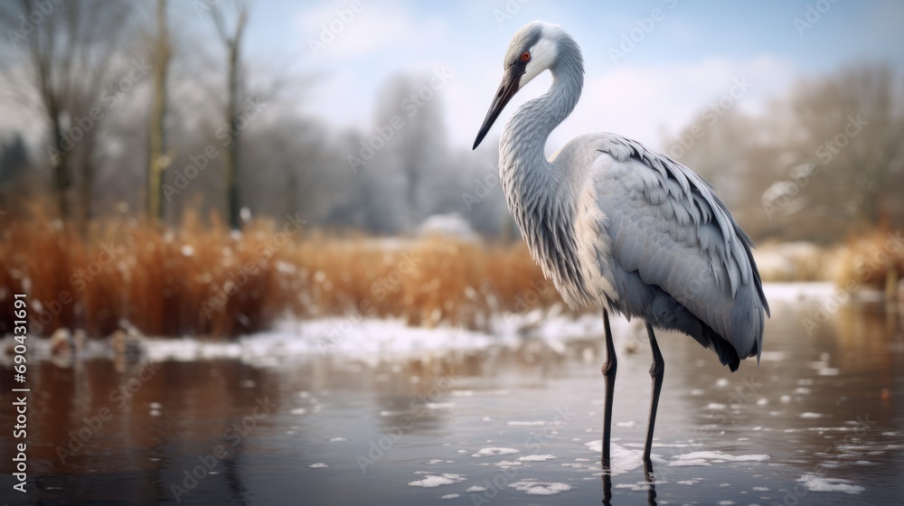 Naklejka premium Crane bird in winter scenery
