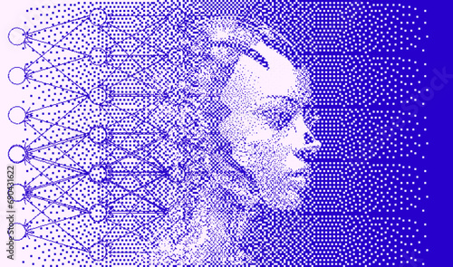 Head silhouette in profile in pixel art style. Vector illustration devoted to the theme of machine learning and future technologies.