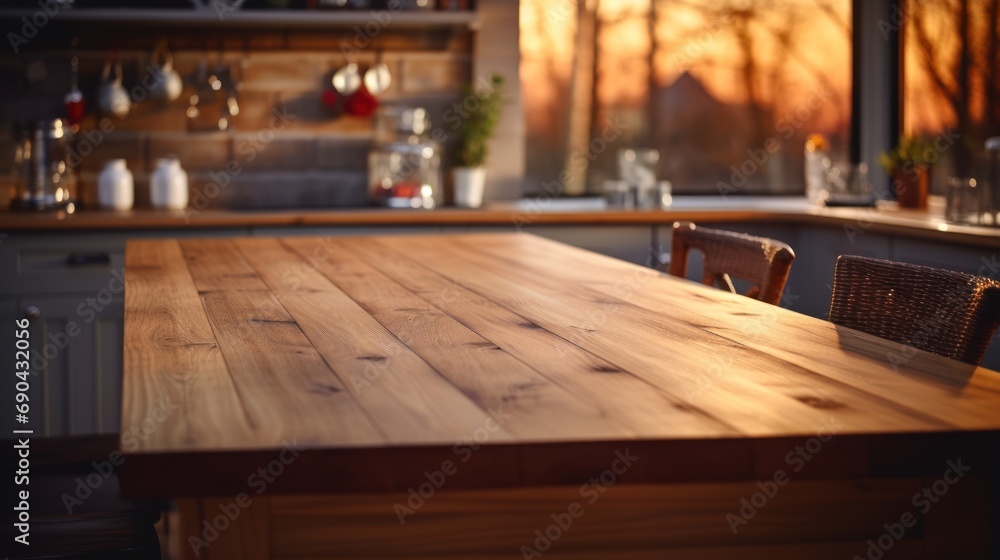 Empty wooden table with kitchen