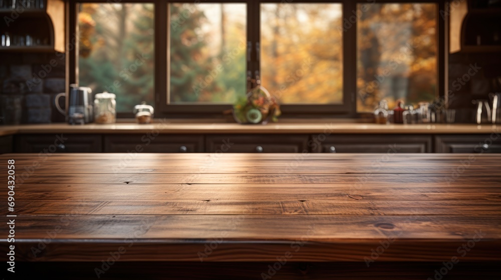 Empty wooden table with kitchen Empty wooden table with kitchen