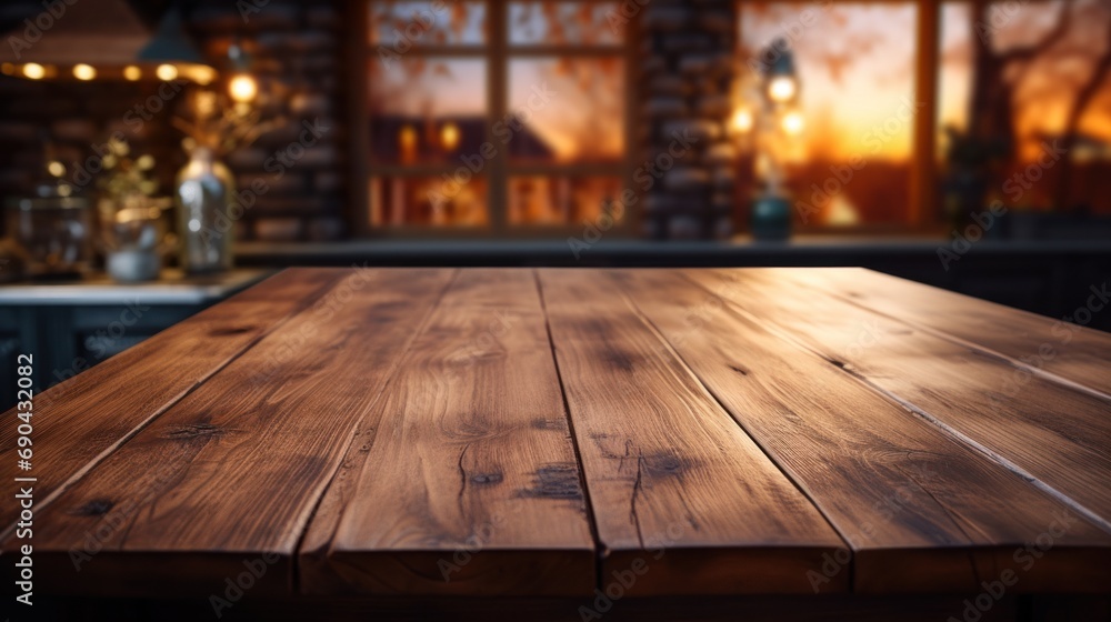 Empty wooden table with kitchen Empty wooden table with kitchen