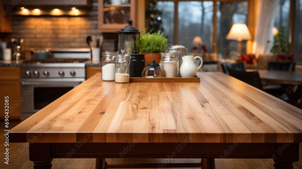 Empty wooden table with kitchen Empty wooden table with kitchen