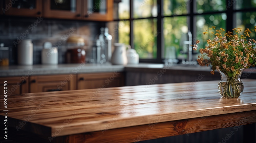 Empty wooden table with kitchen Empty wooden table with kitchen