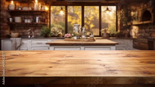 Empty wooden table with kitchen © sirisakboakaew
