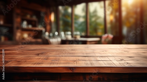Empty wooden table with kitchen