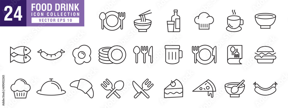 Vector of food and drink icon set, nutritious, breakfast, fast food, delicious, vector EPS 10.