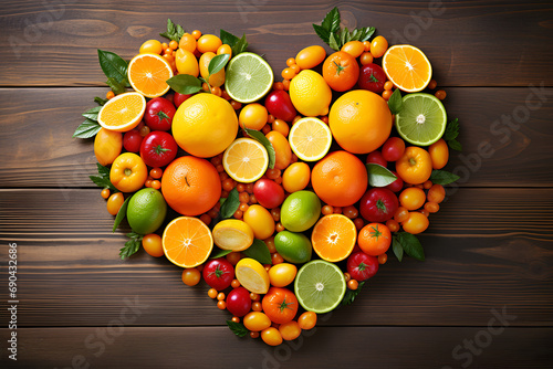 Colorful heart-shaped arrangement of fresh citrus fruits on a wooden surface. vitamin C