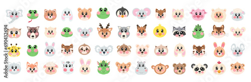 Very big set, collection of cute head, face animals on white isolated background. Happy fun joy face kawaii pets. Kid, baby cartoon graphic design. Kawaii cutie zoo, wild animals vector illustration