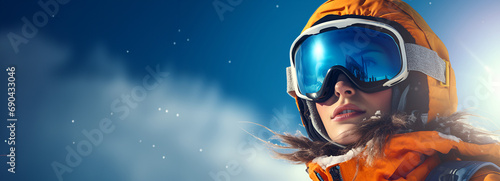 Adventure-seeking woman in ski attire enjoys the snowy mountain vista, her goggles reflecting the vast winter sky. Copy space photo