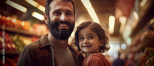 Happy Family Amidst Grocery Shopping  Captured with a Bold Colorism Style