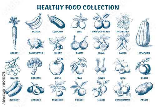 Collection of Healthy food. Sketch illustration
