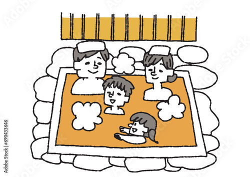 家族風呂に入る親子　銭湯、スパ、浴場のイラスト