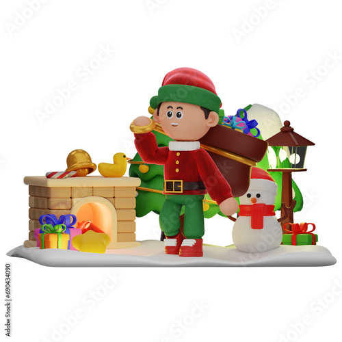 3d boy character christmas With A Sack Of Gifs pose