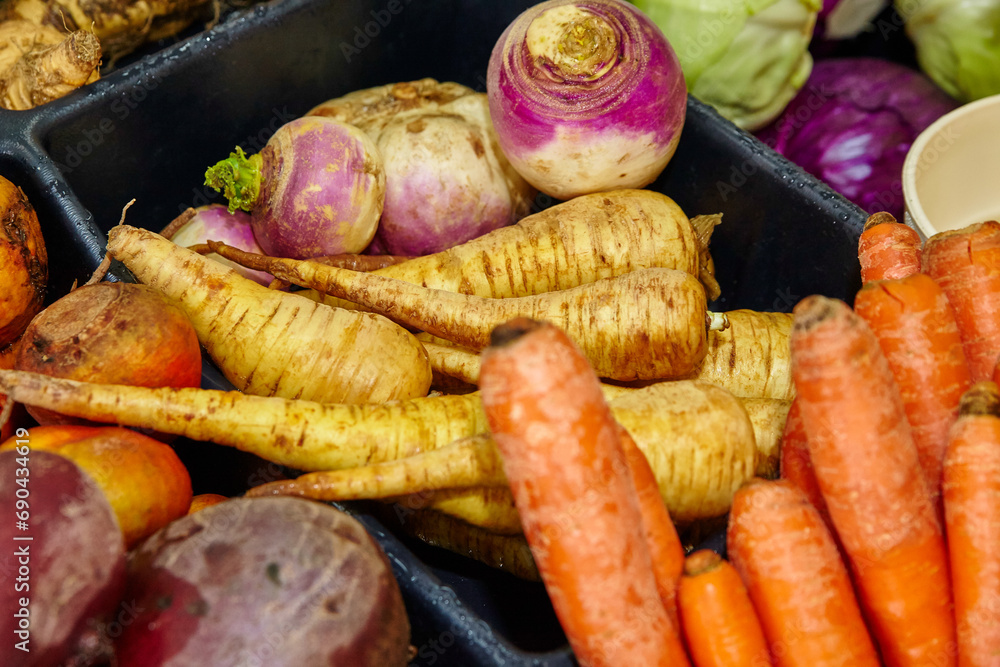 Freshly Harvested Organic Root Vegetables at Health Food Shop Close-Up Freshly Harvested Organic Root Vegetables at Health Food Shop Close-Up