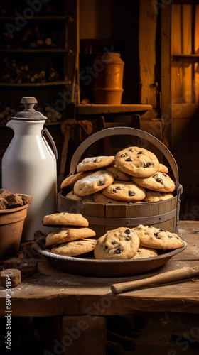 A tray of freshly baked chocolate chip cookies on a rustic wooden table
