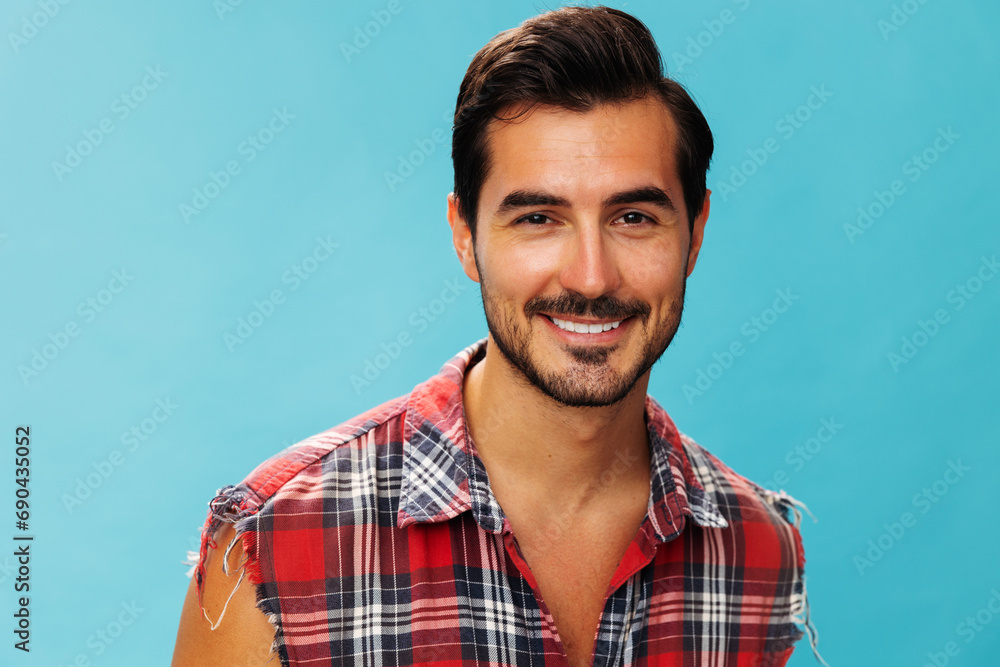 Man plaid background smile trendy guy crossed friendly attractive happy shirt blue travel arm confident Man plaid background smile trendy guy crossed friendly attractive happy shirt blue travel arm confident