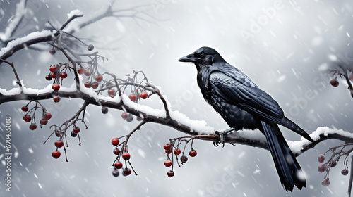 A raven in the snowy winter with red berries. Generative AI. 