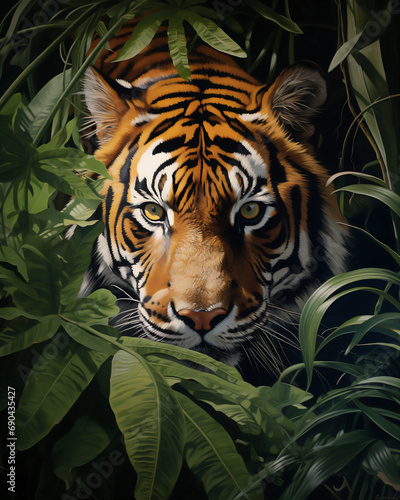 a tiger peeks out from behind a bush of leaves in close up in a tropical rain forest.