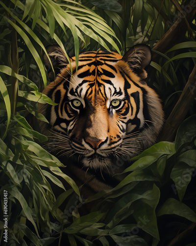 a tiger peeks out from behind a bush of leaves in close up in a tropical rain forest. © Maizal