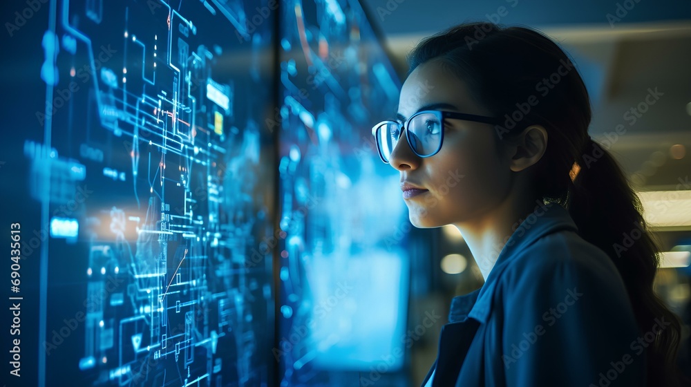 A female programmer developing cloud-based solutions. Her screen is filled with cloud icons and server schematics. generative AI A female programmer developing cloud-based solutions. Her screen is filled with cloud icons and server schematics. generative AI