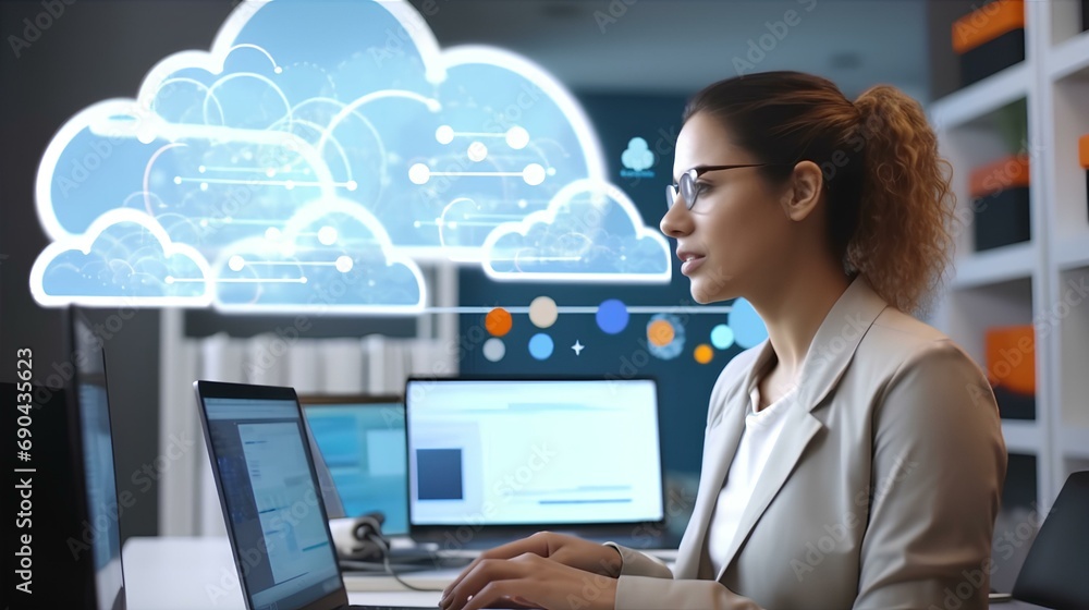 A female programmer developing cloud-based solutions. Her screen is ...