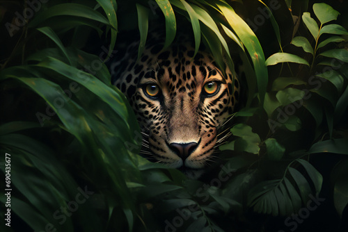 A Leopard peeks out from behind a bush of leaves in close up in a tropical rain forest.