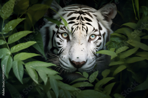 a white tiger peeks out from behind a bush of leaves in close up in a tropical rain forest. © Maizal