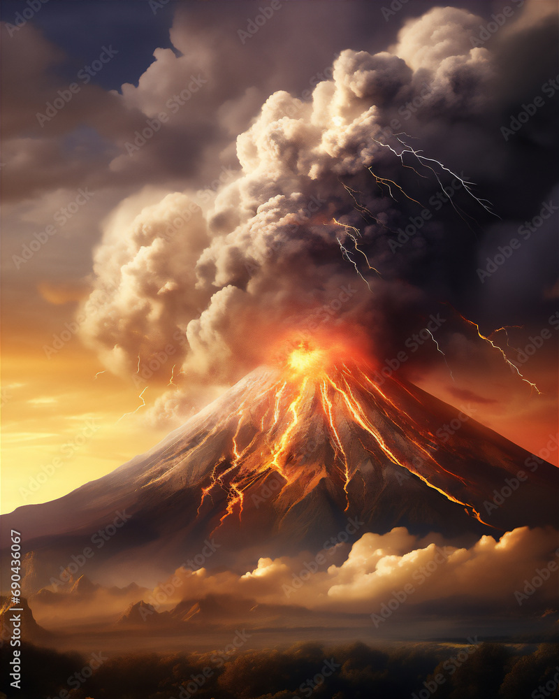 Volcano erupts at misty morning or sunset, volcanic ash shoots up into the sky, lightning around the volcanic ash, misty villages around the volcano
