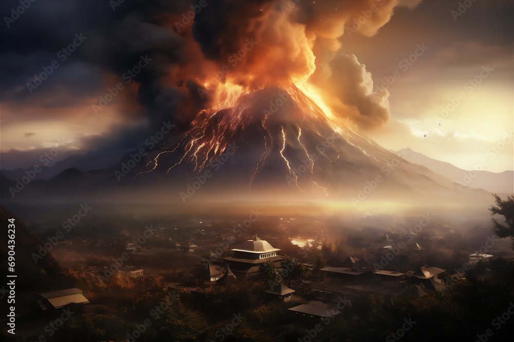 Volcano erupts at misty morning or sunset, volcanic ash shoots up into the sky, lightning around the volcanic ash, misty villages around the volcano