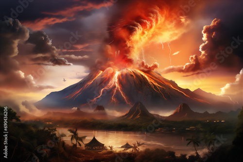 Volcano erupts at misty morning or sunset, volcanic ash shoots up into the sky, lightning around the volcanic ash, misty villages around the volcano