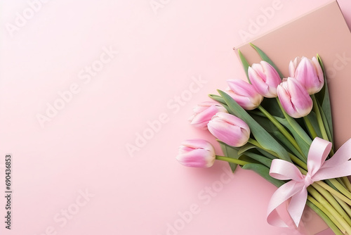 Top View of Pink Giftbox with Ribbon Bow and Tulip Bouquet on Pastel Pink Background - Created with Generative AI Tools