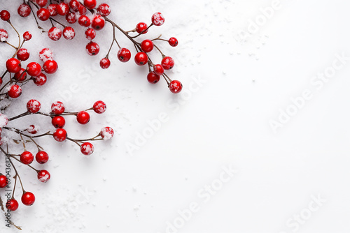 Winter Wonderland: White Christmas Background with Christmas Tree Branches and Red Berries - Created with Generative AI Tools
