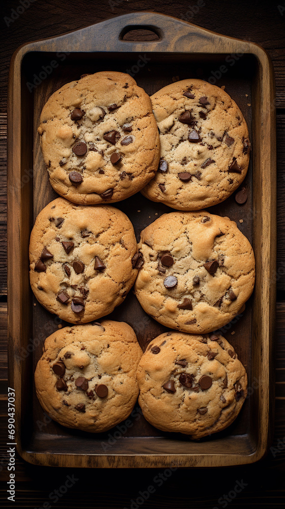 A tray of freshly baked chocolate chip cookies on a rustic wooden