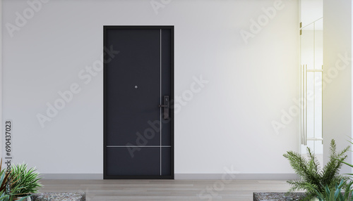 Door way with digital locking on wood door. Digital door handle with wood door panel.