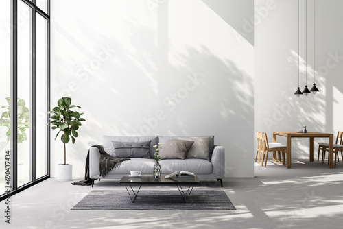 Fototapeta Naklejka Na Ścianę i Meble -  Modern loft style living and dining room with empty white wall for copy space 3d render There are whte paint wall and concrete floor overlooking nature view background sunlight shining into the room.
