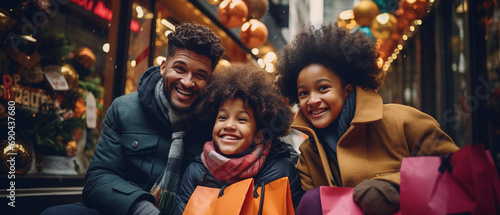 Happy family outdoors together with shopping bags and food