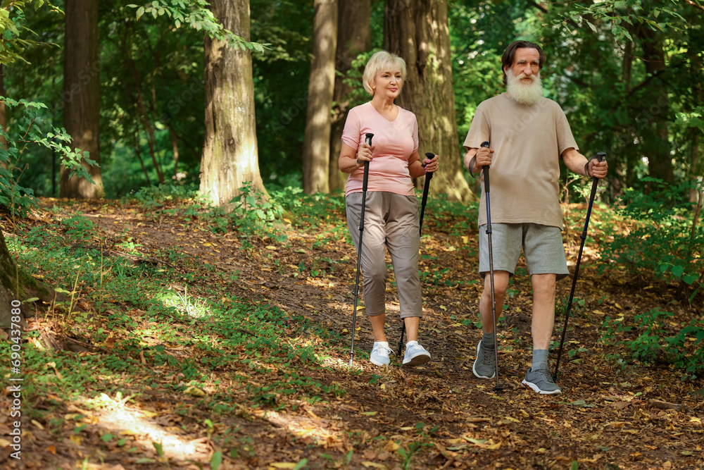 Senior man and woman performing Nordic walking in forest. Low angle view