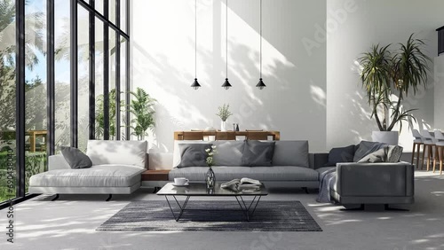 3D animation of modern loft style living room with garden view There are whte paint wall and concrete floor overlooking nature view background sunlight shining into the room. photo