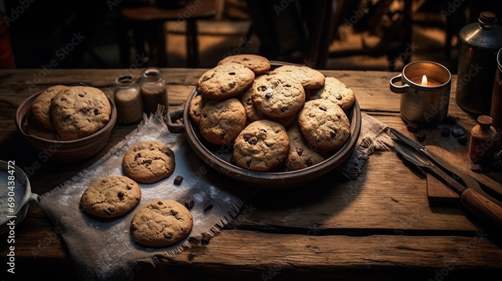 tray of freshly baked chocolate chip cookies on a rustic wooden table