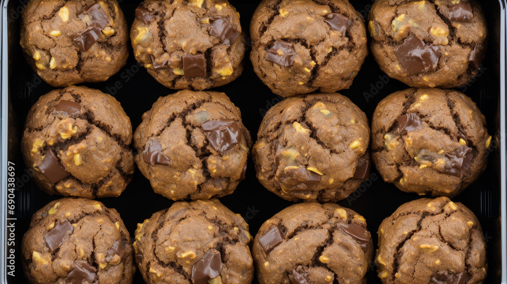 tray of freshly baked chocolate chip cookies on a rustic wooden table tray of freshly baked chocolate chip cookies on a rustic wooden table
